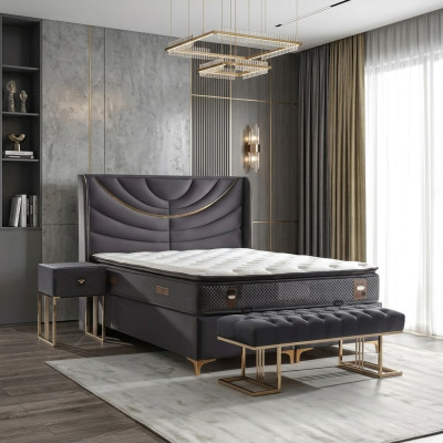 Elegante cama gris con colchón de textil y madera