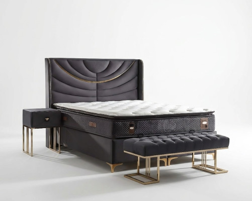 Elegante cama gris con colchón de textil y madera