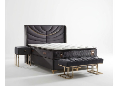 Elegante cama gris con colchón de textil y madera