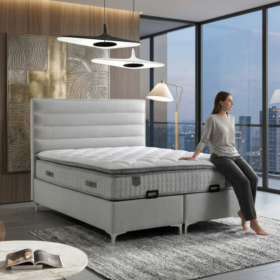 Cama textil gris moderna con colchón en diseño elegante