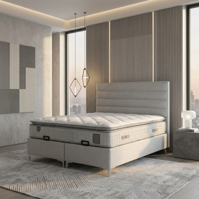 Cama textil gris moderna con colchón en diseño elegante