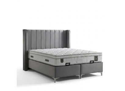 Elegante cama gris con colchón de textil y madera