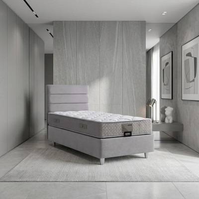 Elegante cama gris con colchón de textil y madera