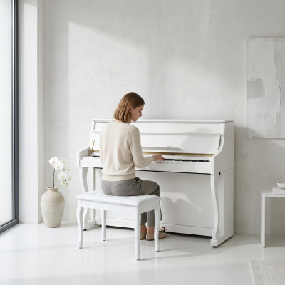 Piano digital con tapa completamente abierta, acabado de alta calidad