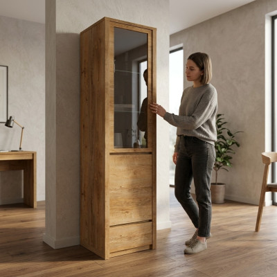 Vitrina de vidrio con buffet de cocina, estantes de vidrio y cajón
