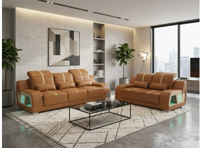 Wohnzimmer 3-Sitzer 2-Sitzer Sofa Set Modern Braun Couch Design Led