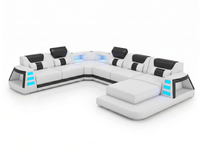 Wohnlandschaft U-Form Weiß Schwarz LED Modern Wohnzimmer Sofa Design *
