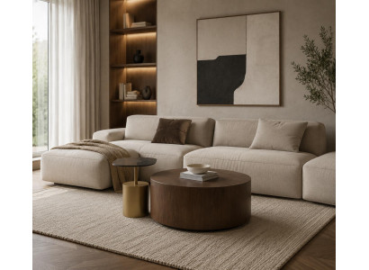 Wohnzimmer Couchtisch Rund Holz mit Beistelltisch Gold
