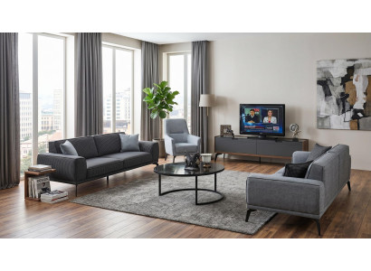 Wohnzimmer Set 2×3‑Sitzer + Sessel + Couchtisch + TV-Möbel, Modern, Grau