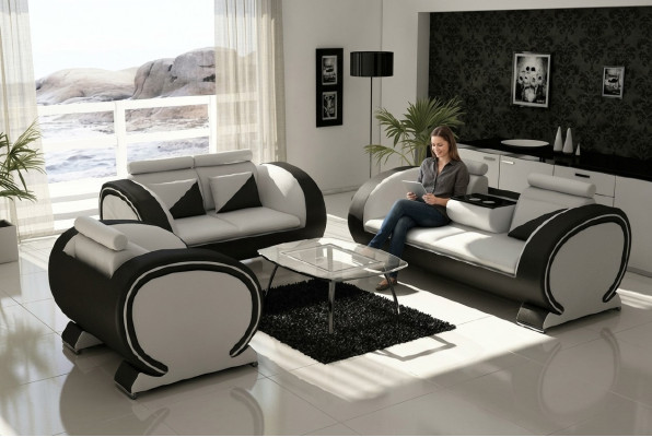 Sofá de cuero con función de bar, conjunto de diseño, sofá de 3 plazas, sofá relax.