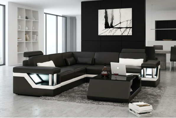 SOFÁ DE CUERO XXL CONJUNTO DE SALÓN SOFÁ DE ESQUINA DE CUERO NEGRO / BLANCO