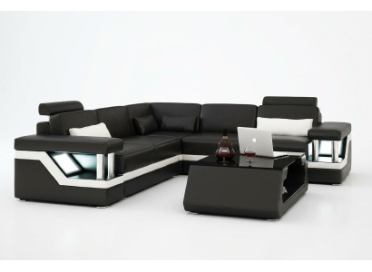 SOFÁ DE CUERO XXL CONJUNTO DE SALÓN SOFÁ DE ESQUINA DE CUERO NEGRO / BLANCO