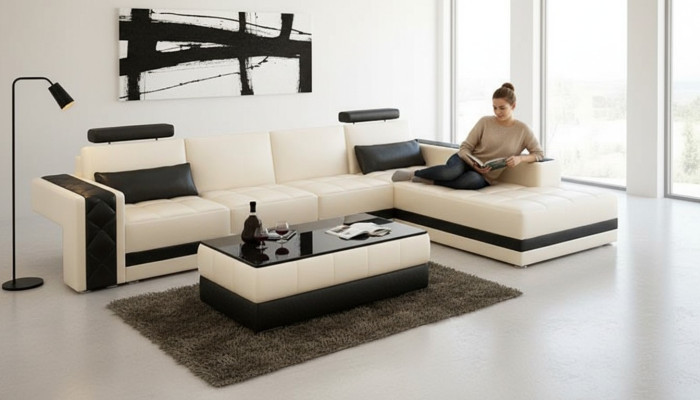 Sofá de cuero, sofá, sofá de esquina en forma de L, conjunto de diseño moderno de salón.