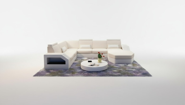 Sofá de diseño de esquina de cuero, tela, textil, tapizado, conjunto, paisaje de sala de estar.