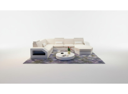 Sofá de diseño de esquina de cuero, tela, textil, tapizado, conjunto, paisaje de sala de estar.