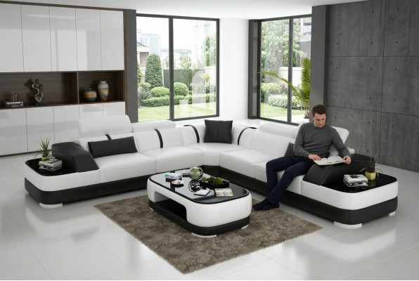 Sofá de cuero acolchado esquinero con decoración de salón conjunto de muebles para el salón.