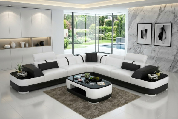 Sofá de cuero acolchado esquinero con decoración de salón conjunto de muebles para el salón.