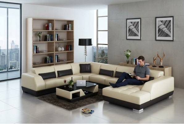 Sofá de cuero moderno, sofá en forma de L, conjunto de sofás de diseño de esquina.