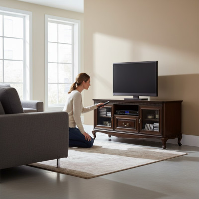 Un elegante soporte multimedia para televisores y dispositivos multimedia en el estilo de una estética moderna y minimalista.