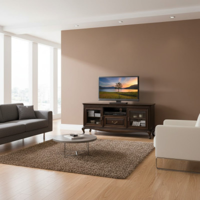 Un elegante soporte multimedia para televisores y dispositivos multimedia en el estilo de una estética moderna y minimalista.