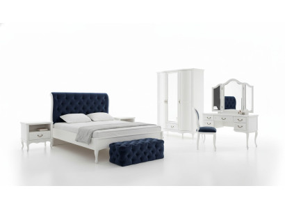 Set de dormitorio, cama Chesterfield de diseñador, mesitas de noche, cómoda, armario, muebles.