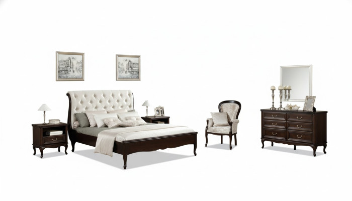 Dormitorio completo Cama Matrimonial Mesitas de Noche Cómoda Sillón Chippendale Real