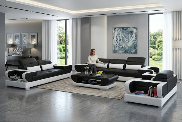 Sofá de tres piezas, sofá de dos piezas y sillón tapizados en cuero. Conjunto de sofá moderno Detmold.