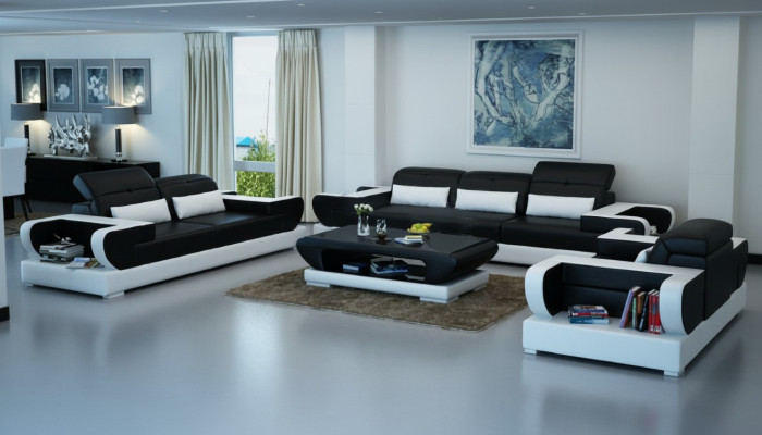 Sofá de tres piezas, sofá de dos piezas y sillón tapizados en cuero. Conjunto de sofá moderno Detmold.