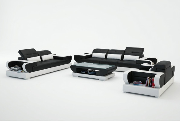 Sofá de tres piezas, sofá de dos piezas y sillón tapizados en cuero. Conjunto de sofá moderno Detmold.