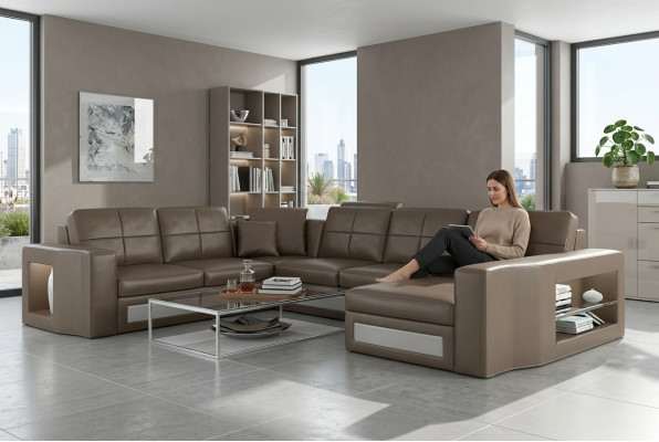 Sofá esquinero de cuero, grande XXL, en forma de U, conjunto de sofás para sala de estar, sofá, juego de salón, nuevo H2210.