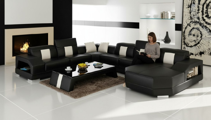 Sofá de diseño de cuero modular para esquinas acolchado con cortinas de sofá de estar.
