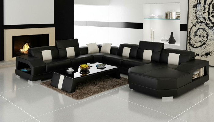 Sofá de diseño de cuero modular para esquinas acolchado con cortinas de sofá de estar.