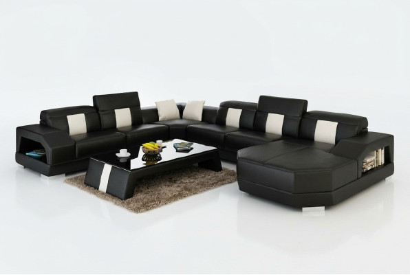 Sofá de diseño de cuero modular para esquinas acolchado con cortinas de sofá de estar.