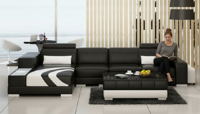 Sofá Sofa Paisaje de vida XXL Sofá Sofá de cuero con otomana Juego de sofás V015