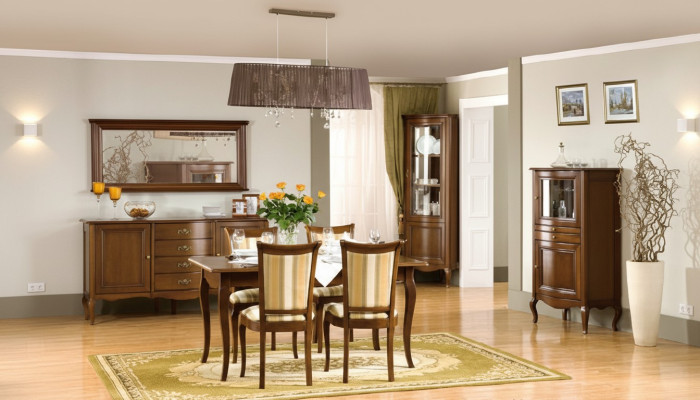 Set de comedor clásico: cómoda, mesa, sillas, vitrina. Set de sala de estar italiano nuevo.