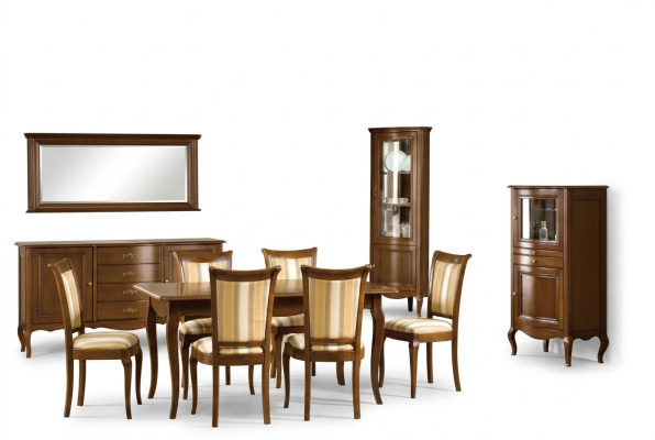 Set de comedor clásico: cómoda, mesa, sillas, vitrina. Set de sala de estar italiano nuevo.