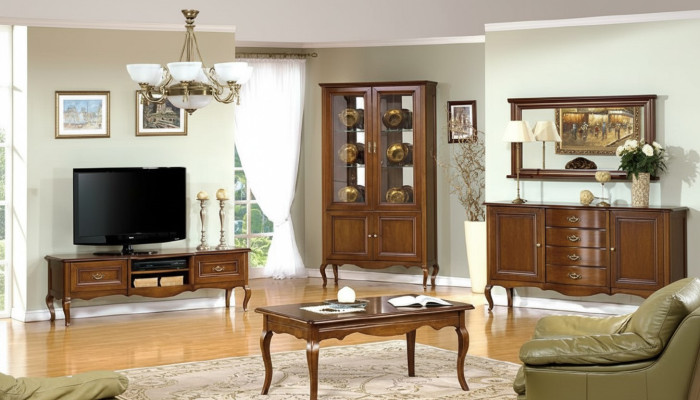 Set de sala de estar Vitrina RTV Mesa de centro Cómoda Muebles de estilo clásico italiano.