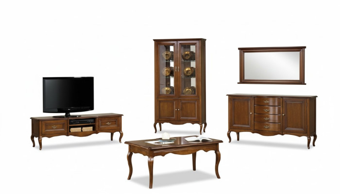 Set de sala de estar Vitrina RTV Mesa de centro Cómoda Muebles de estilo clásico italiano.