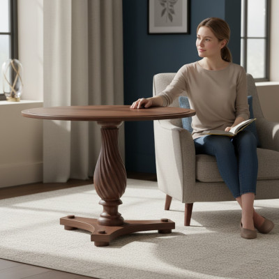 Mesa redonda clásica de madera maciza rústica, modelo ZB-4.