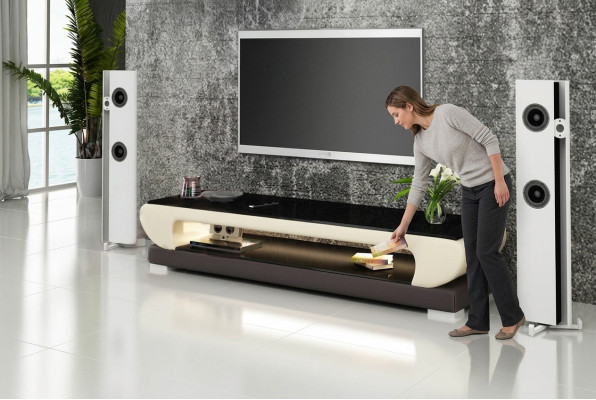 RTV Mueble de TV de cuero con compartimentos de vidrio Mesa Armario de televisión Mesa Diseñador 403