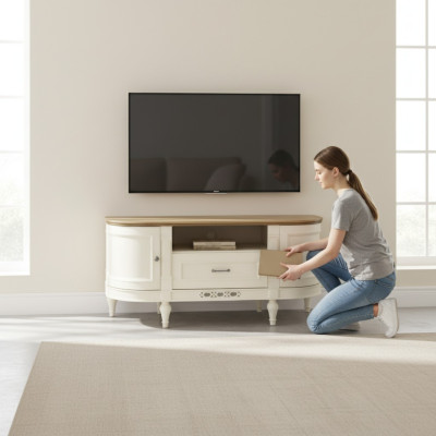 Elegante armario de TV blanco de madera natural: funcionalidad y estilo para tu interior.