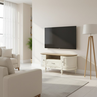 Elegante armario de TV blanco de madera natural: funcionalidad y estilo para tu interior.