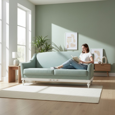 Sofá Chippendale de 3 plazas de estilo rústico con tapizado de tela y estructura de madera de diseñador.