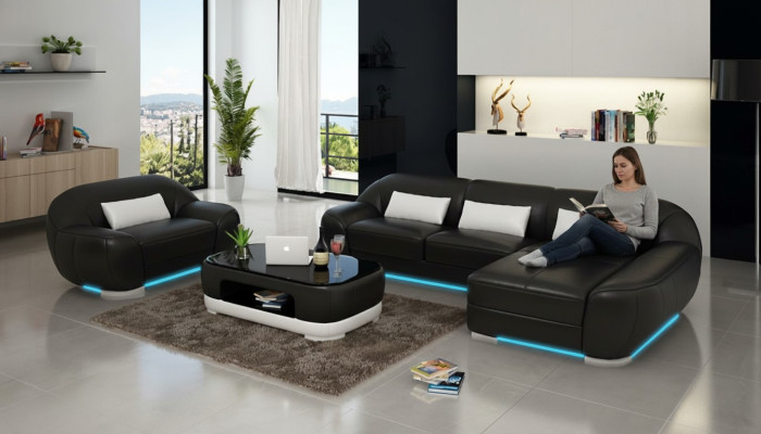 Sofá de cuero sofá sofá en forma de L esquinero + sillón conjunto de esquina diseño