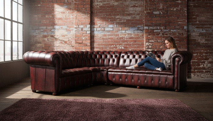 Chesterfield sofá de cuero esquina sofá tapizado conjunto de esquina asiento 100% cuero