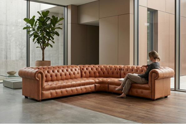 Sofá esquinero Chesterfield de cuero para sala de estar, esquina de sofá, sofá, acolchado de esquina.