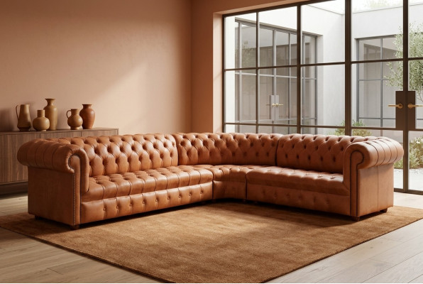 Sofá esquinero Chesterfield de cuero para sala de estar, esquina de sofá, sofá, acolchado de esquina.