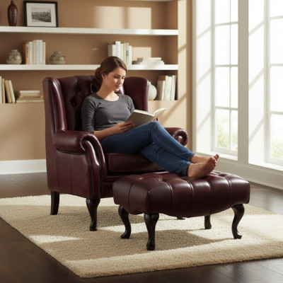 Chesterfield sillón de orejas + taburete Sillón Sofá Juego de tapicería Cuero Textil 16101330