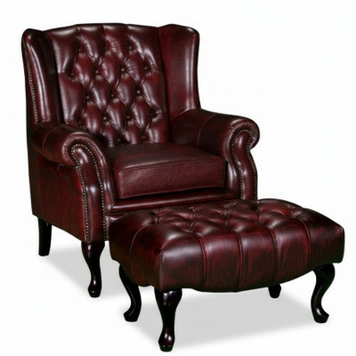 Chesterfield sillón de orejas + taburete Sillón Sofá Juego de tapicería Cuero Textil 16101330