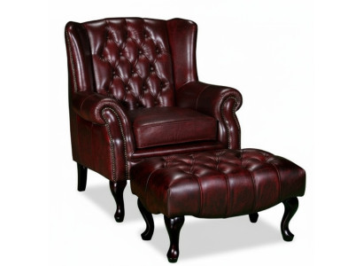 Chesterfield sillón de orejas + taburete Sillón Sofá Juego de tapicería Cuero Textil 16101330